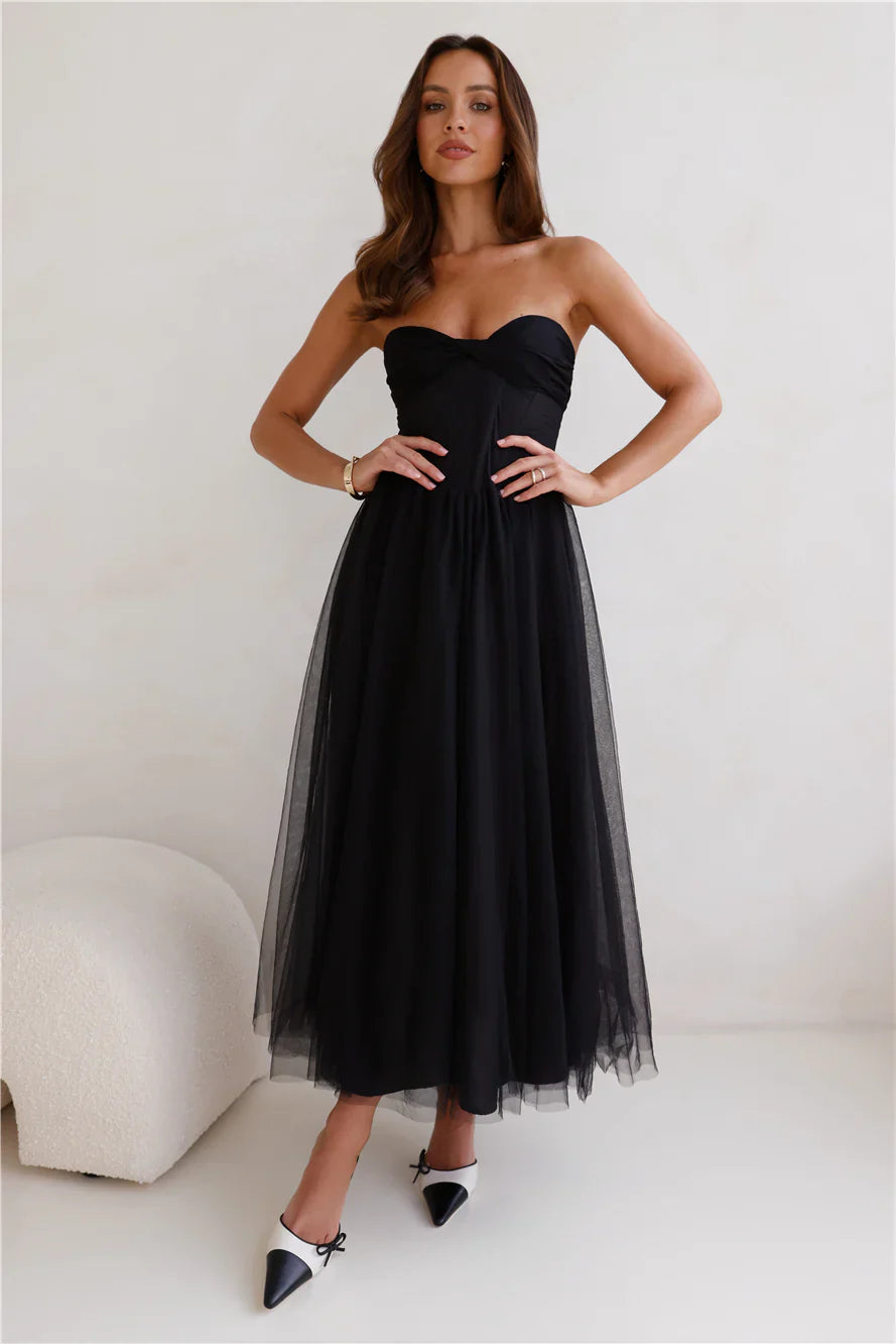 Worthy Of Diamonds Strapless Tulle Midi Dress Black