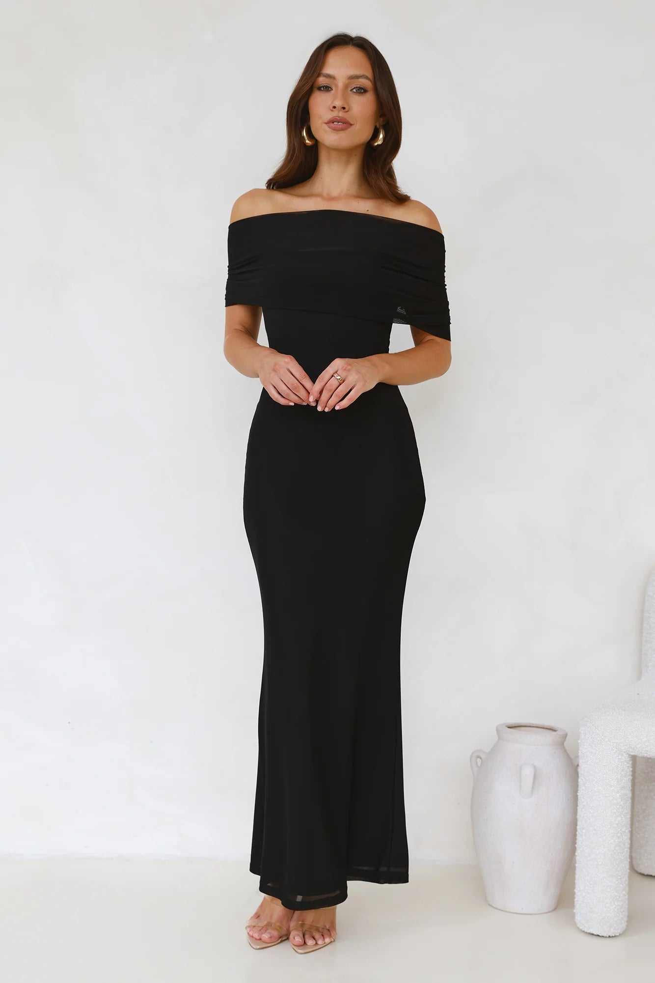 Invited Off Shoulder Mesh Maxi Dress Black