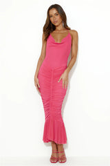 Exotic Entrance Halter Mesh Midi Dress Pink