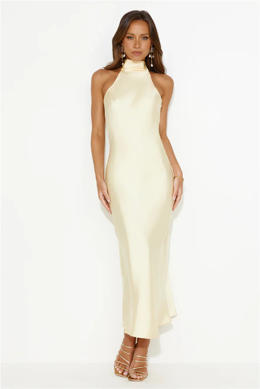 Crystal Glass Satin Maxi Dress Yellow