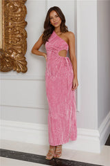 Universe Moons One Shoulder Velvet Maxi Dress Pink