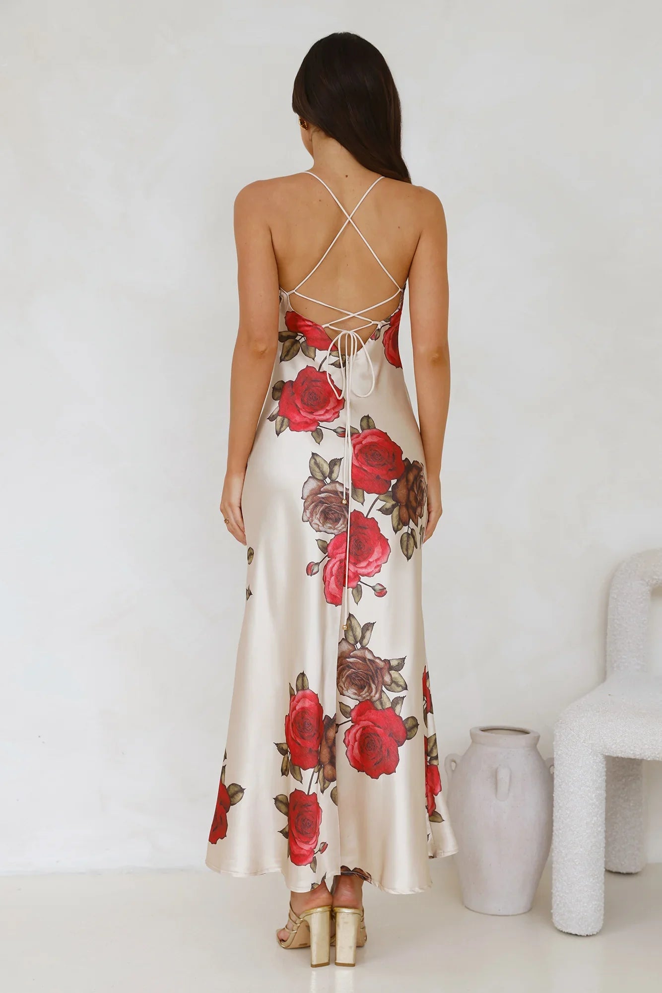 Rose Between Thorns Satin Maxi Dress Beige