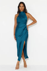 Talking Truth Halter Satin Maxi Dress Teal