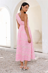 Springtime Chic One Shoulder Midi Dress Pink