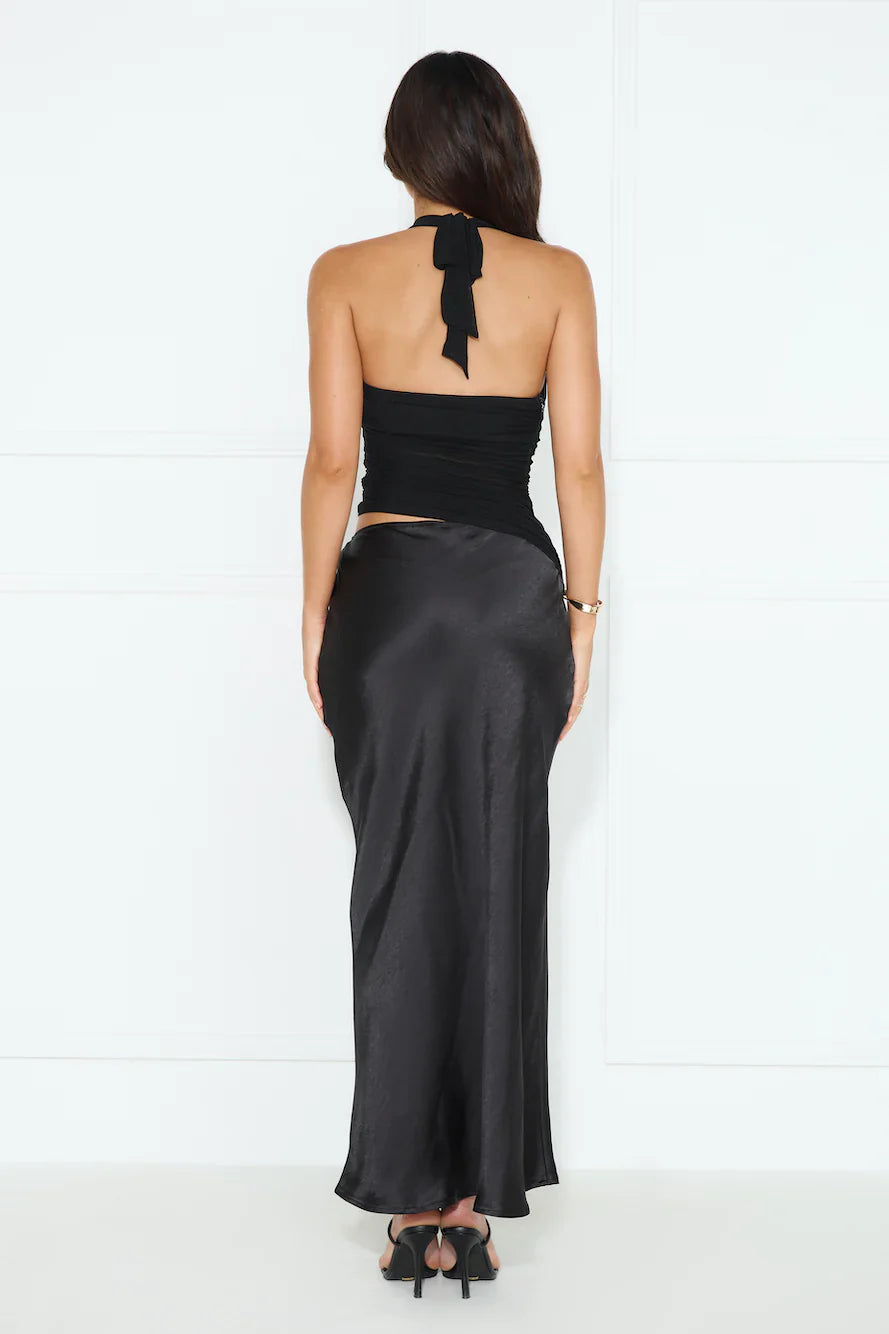 Popping Bottles Satin Mesh Halter Maxi Dress Black