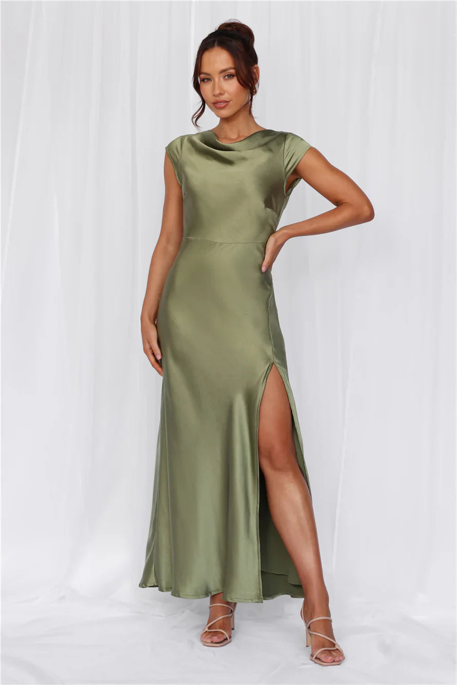 The Valentina Cap Sleeve Satin Maxi Dress Olive