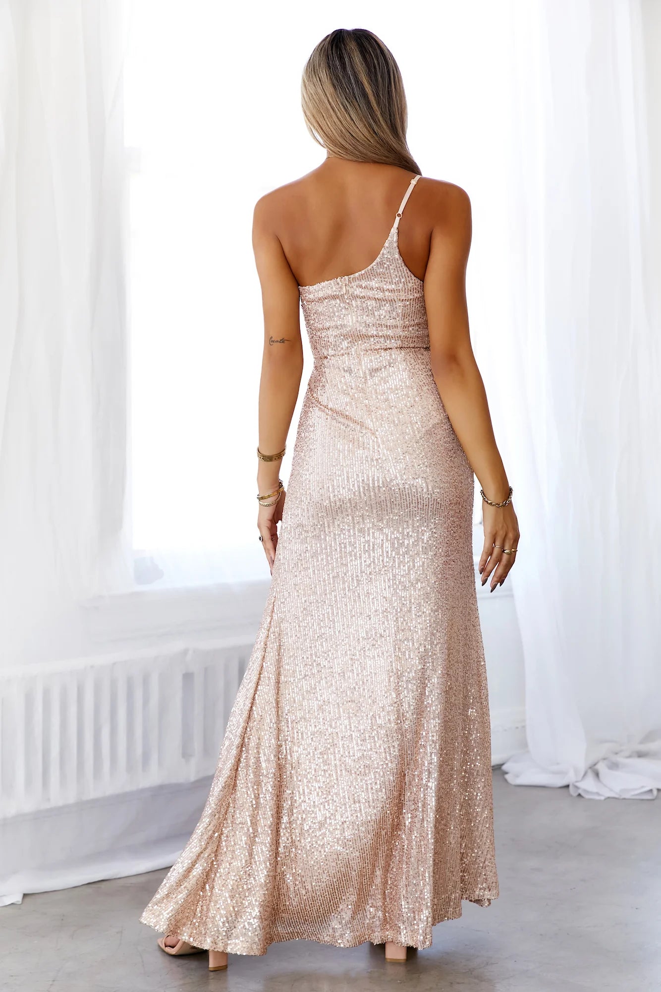 DEAR EMILIA A New Glow Sequin Maxi Dress Rose Gold