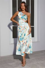 Ticket To Style One Shoulder Satin Maxi Dress Blue