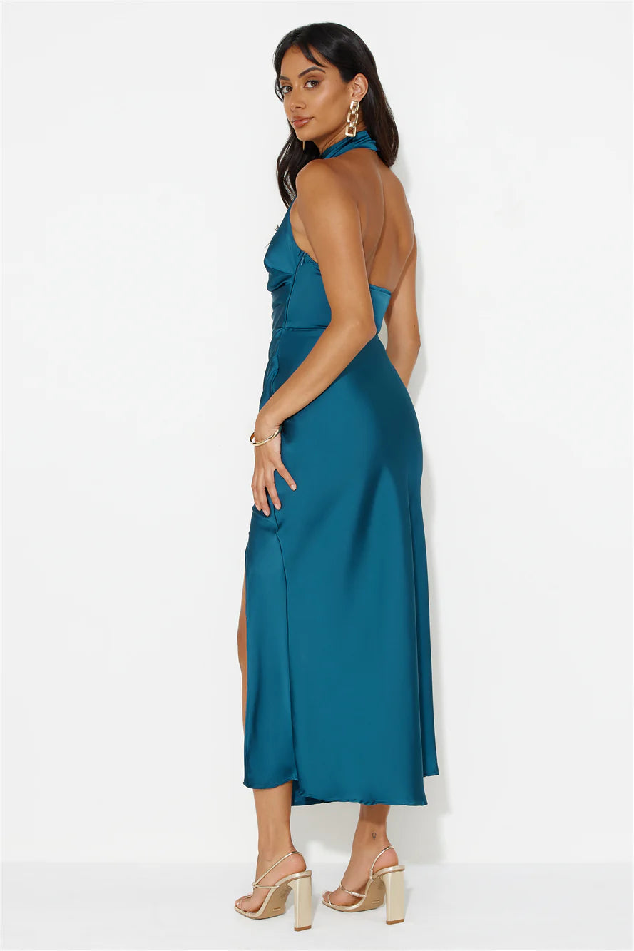 Talking Truth Halter Satin Maxi Dress Teal