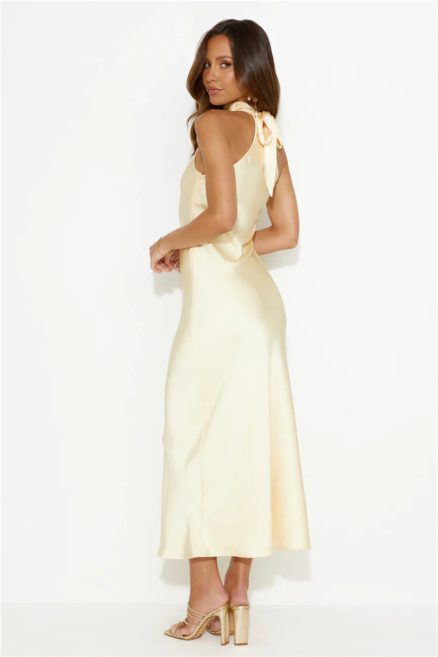 Crystal Glass Satin Maxi Dress Yellow