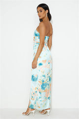 Blooming Feelings Satin Strapless Maxi Dress Blue