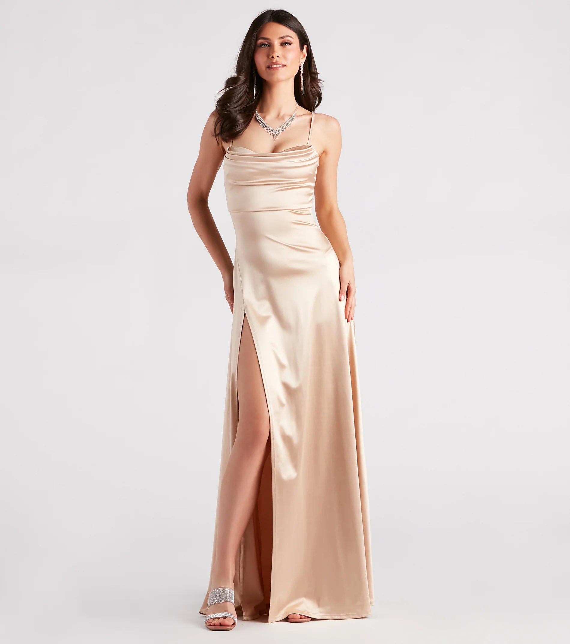 Marissa Formal Satin Cowl Neck Dress