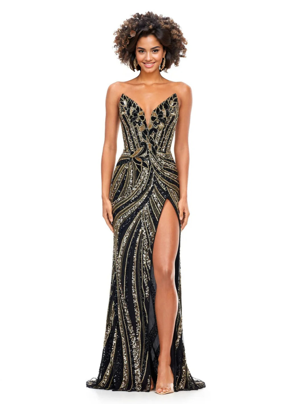 Ashley Lauren 11236 size 00,0,2,6,12 Gold/Black Long Fitted V Neck Slit Beaded Sequin Prom Dress Pageant Gown