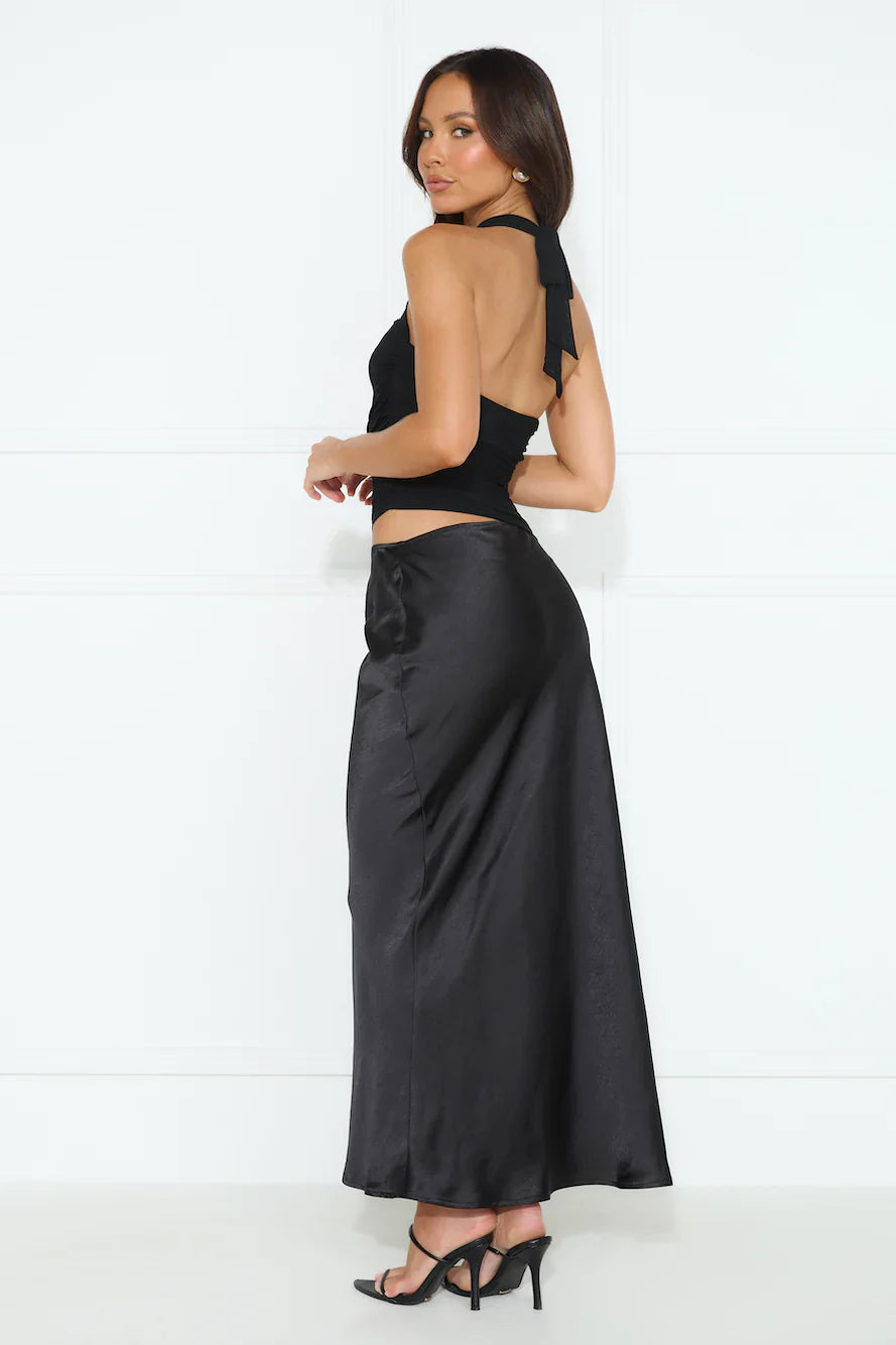 Popping Bottles Satin Mesh Halter Maxi Dress Black