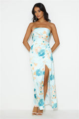 Blooming Feelings Satin Strapless Maxi Dress Blue