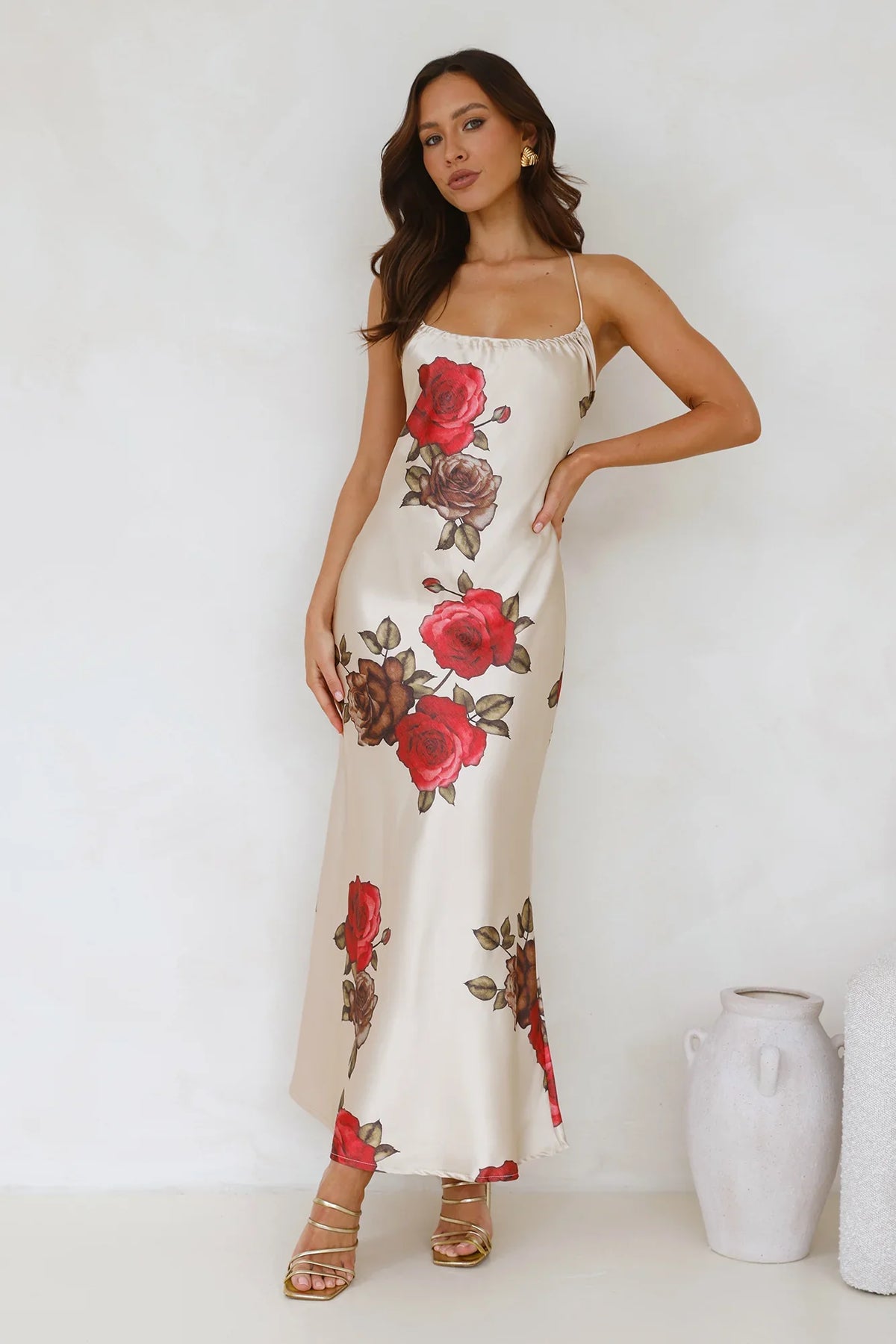 Rose Between Thorns Satin Maxi Dress Beige