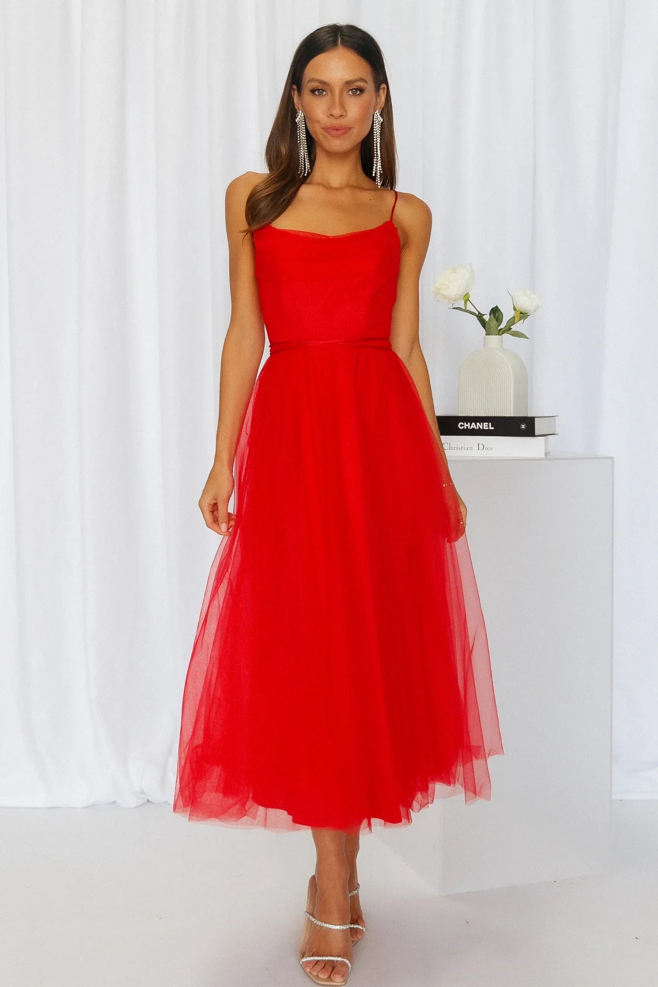 Signal My Way Tulle Midi Dress Red