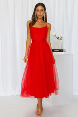 Signal My Way Tulle Midi Dress Red