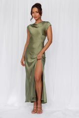 The Valentina Cap Sleeve Satin Maxi Dress Olive