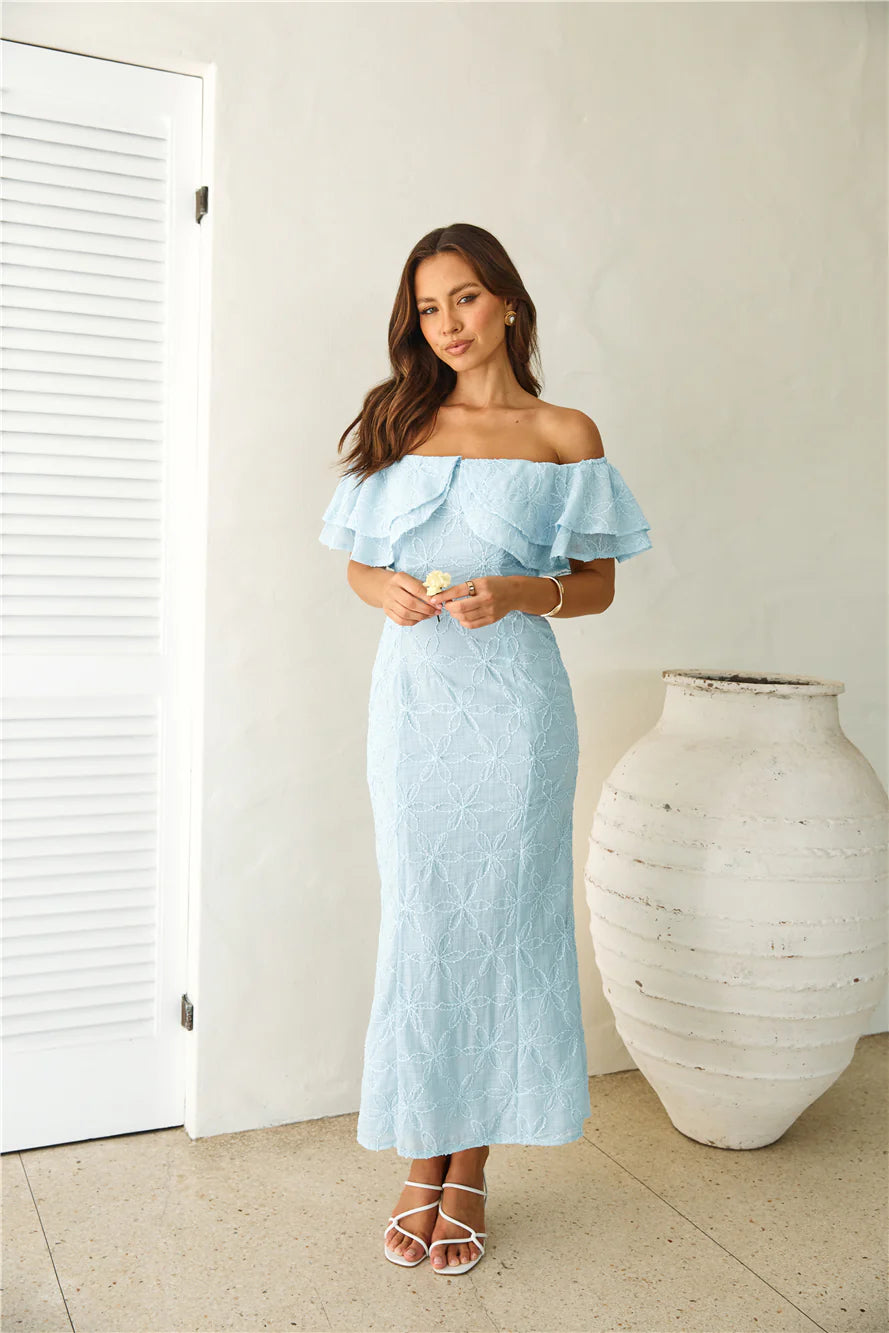 Moment Of Dance Off Shoulder Maxi Dress Blue