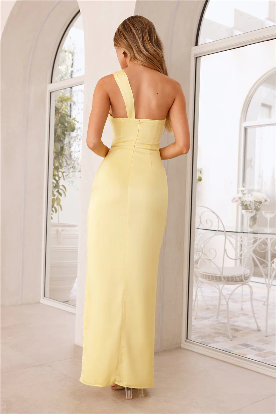 Celebrations Under Stars Satin One Shoulder Maxi Dress Yellow