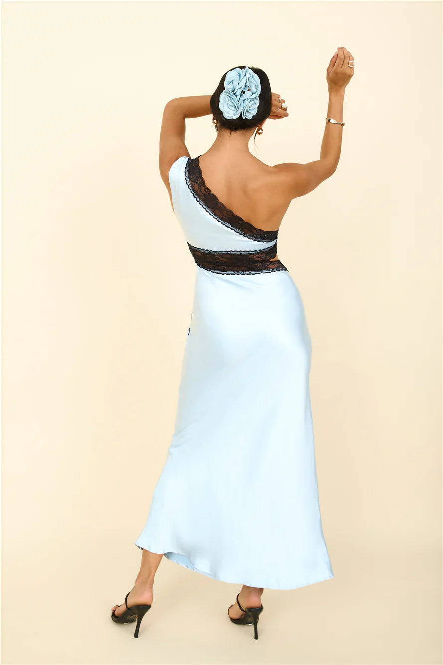 Intricate Love Satin Maxi Dress Blue