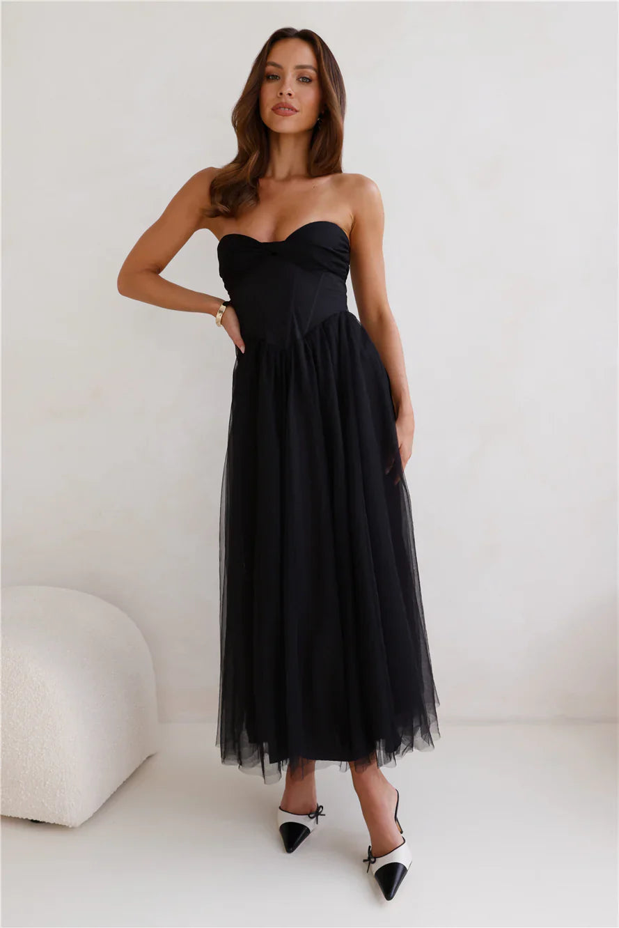 Worthy Of Diamonds Strapless Tulle Midi Dress Black