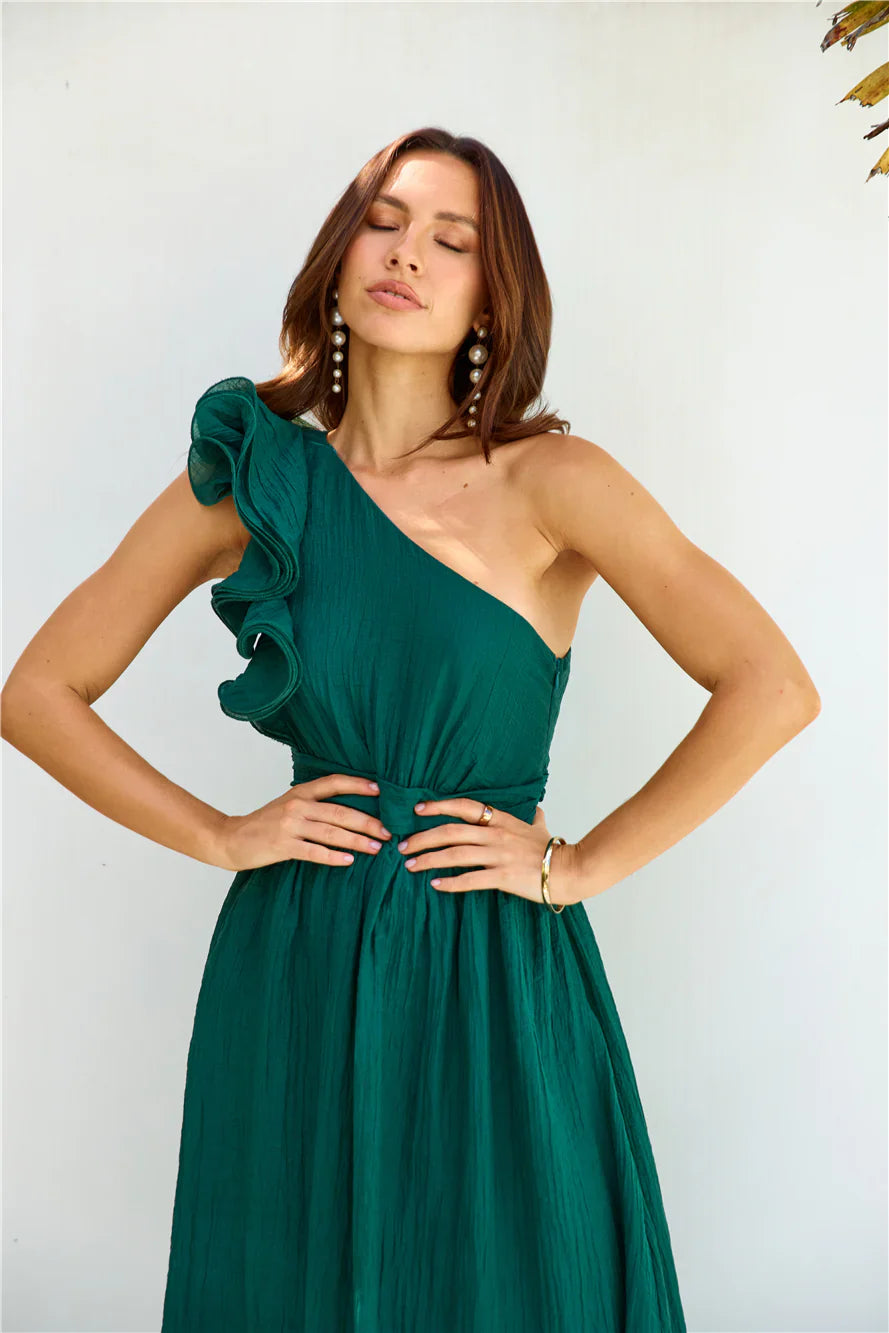 Find Out One Shoulder Midi Dress Emerald