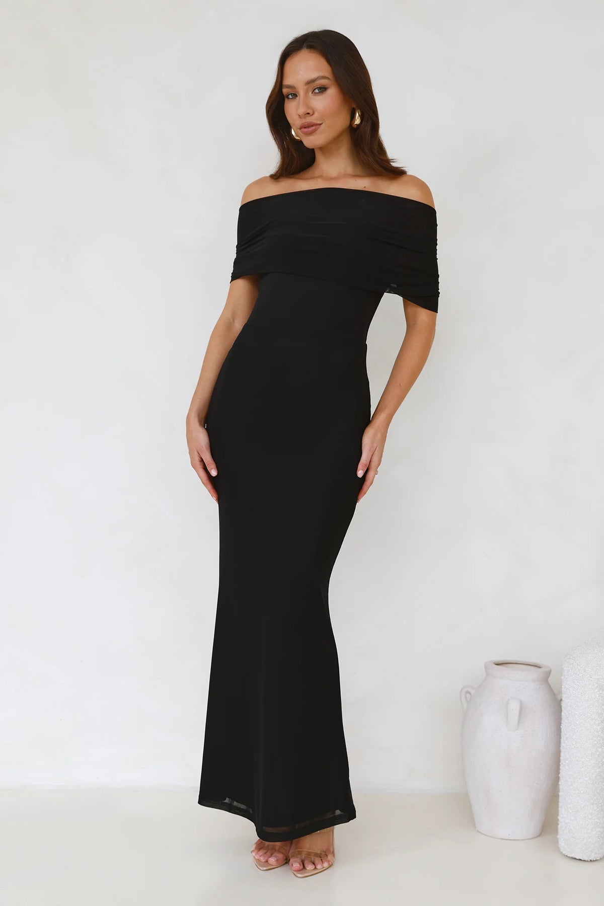 Invited Off Shoulder Mesh Maxi Dress Black