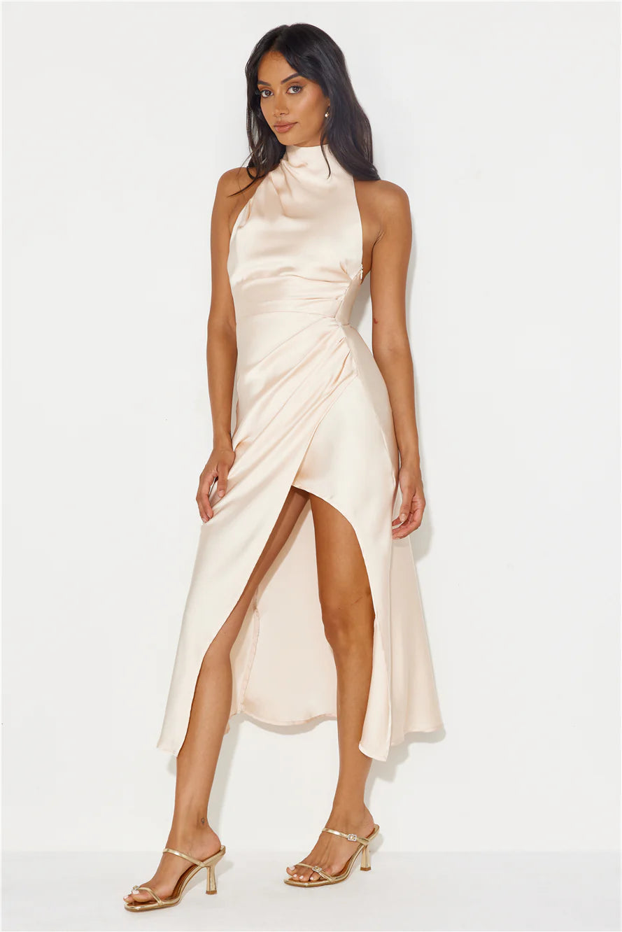 Talking Truth Halter Satin Maxi Dress Champagne