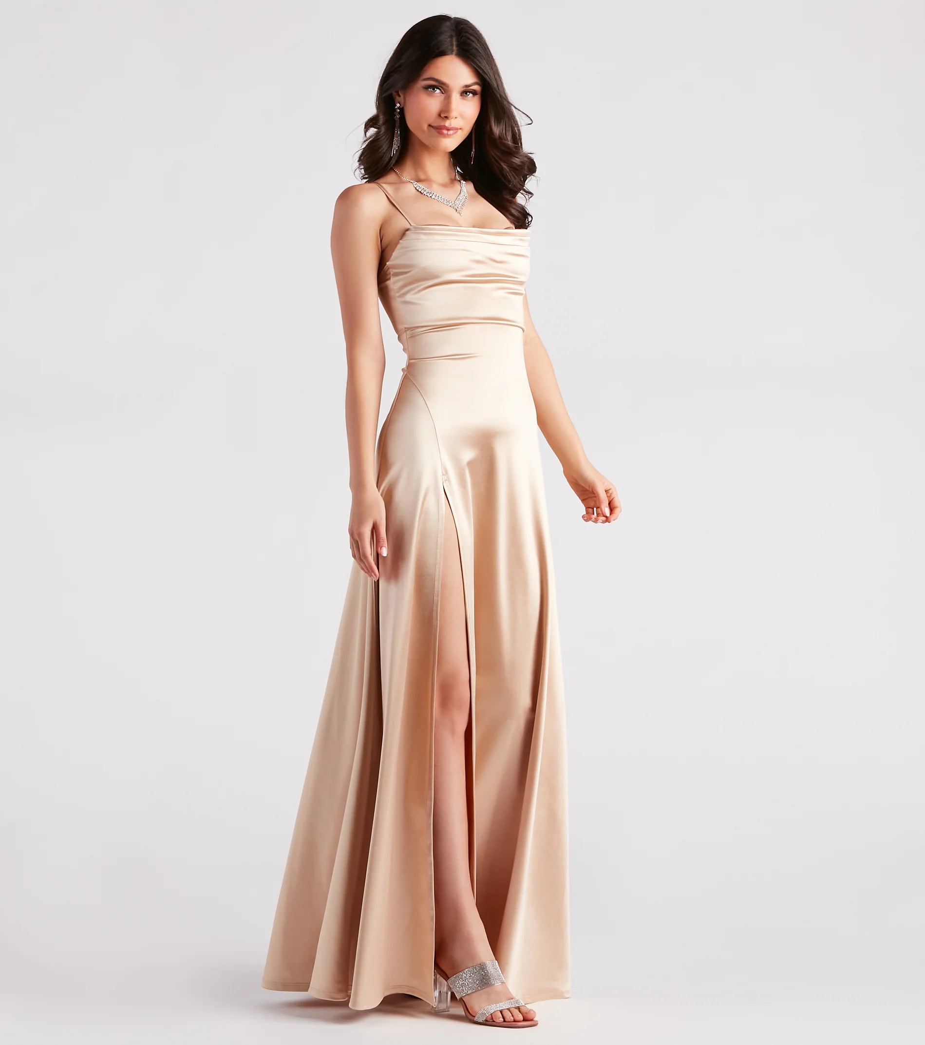 Marissa Formal Satin Cowl Neck Dress