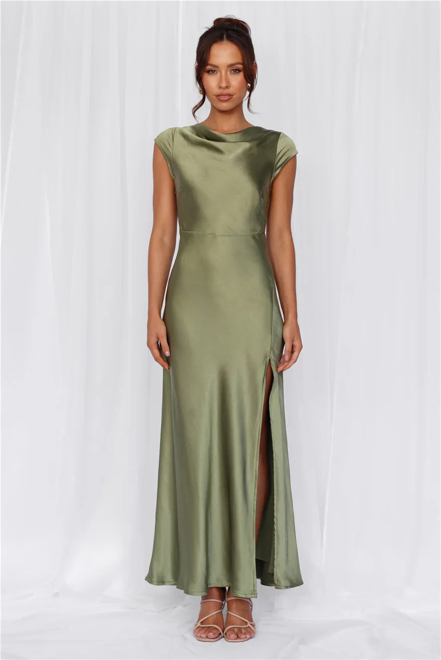 The Valentina Cap Sleeve Satin Maxi Dress Olive