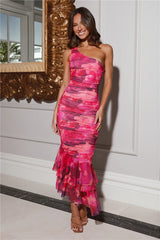 Twilight Hour One Shoulder Mesh Maxi Dress Pink