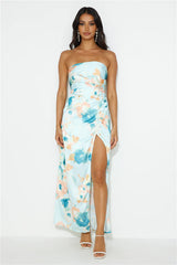 Blooming Feelings Satin Strapless Maxi Dress Blue