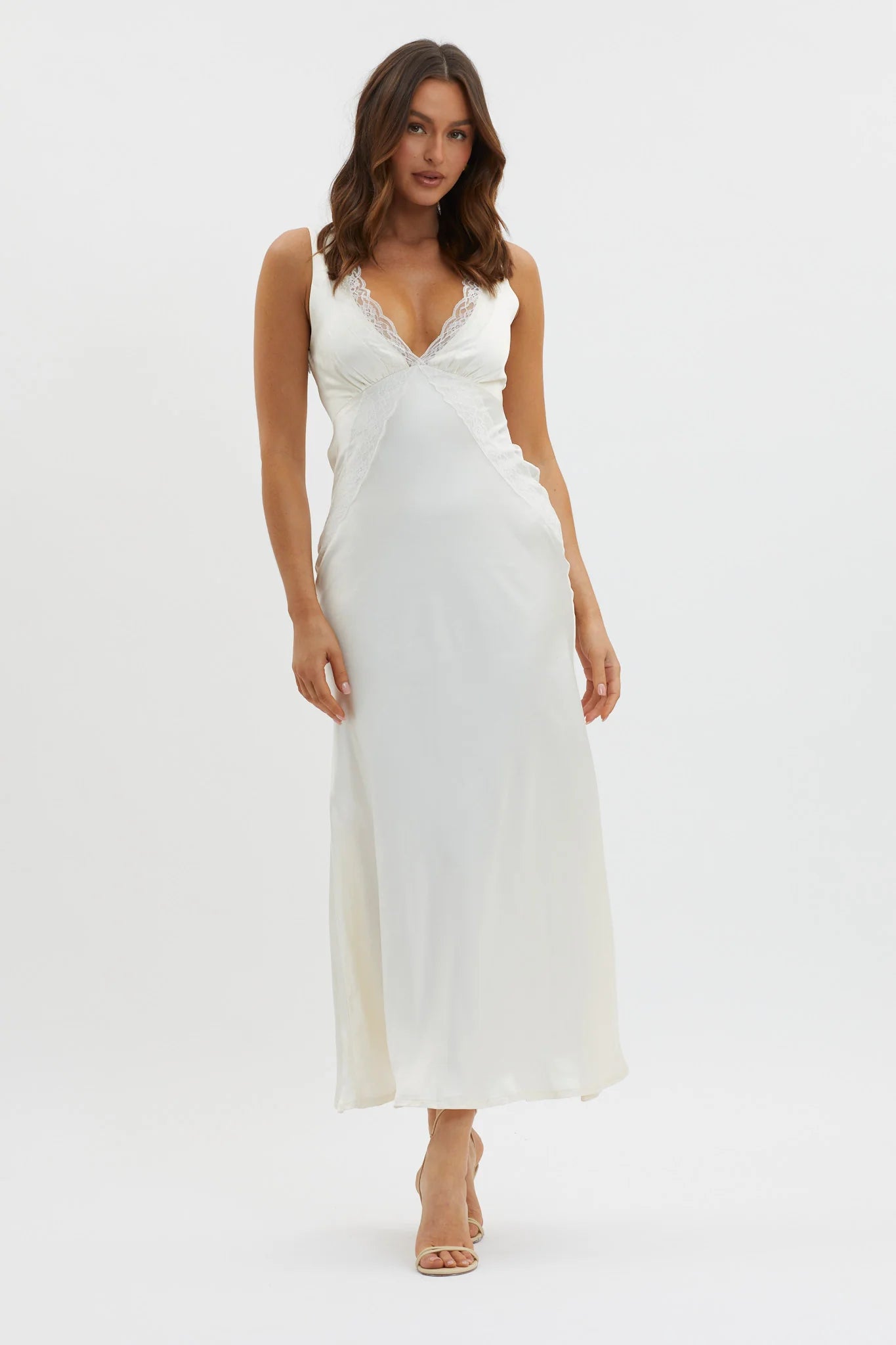 Ivonne Lace Trim V-Neck Maxi Dress Oyster