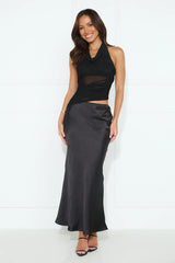 Popping Bottles Satin Mesh Halter Maxi Dress Black