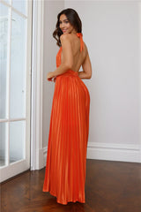 Shimmering Sea Pleated Halter Maxi Dress Orange