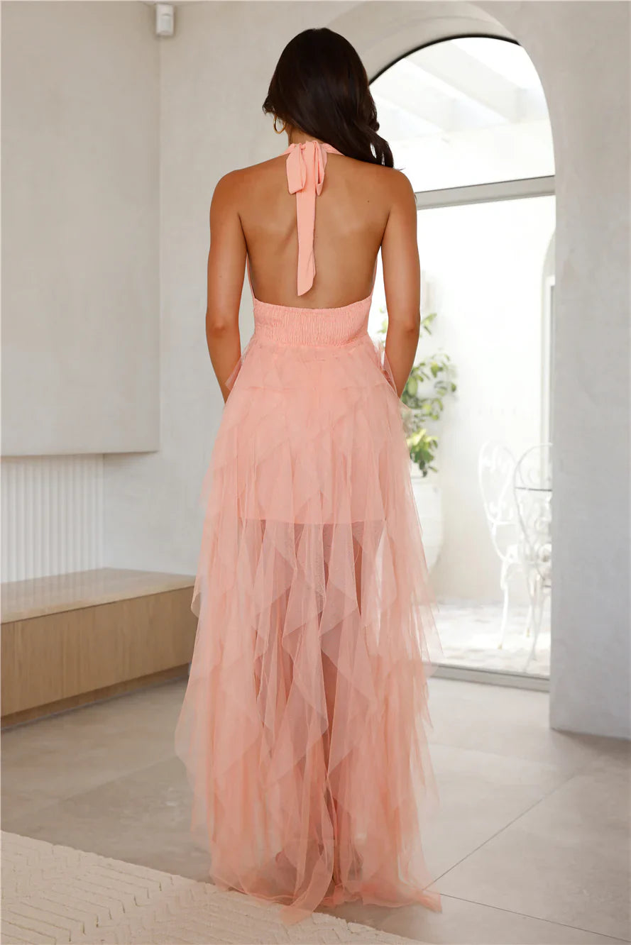 She's A Winner Tulle Halter Maxi Dress Peach