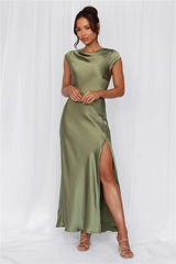 The Valentina Cap Sleeve Satin Maxi Dress Olive