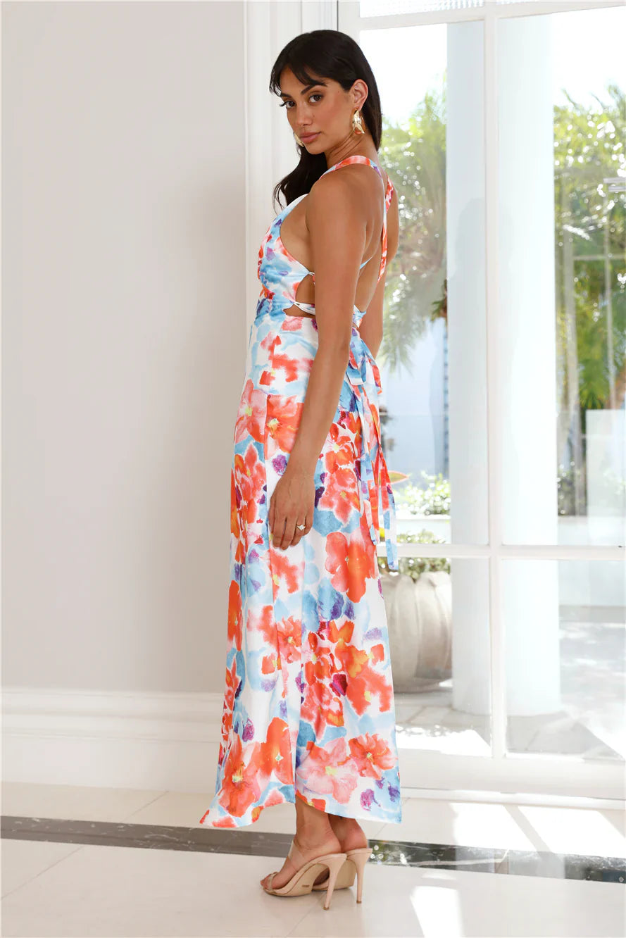 Low Waves Satin Maxi Dress Print