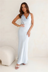 Seen For You Cowl Neck Satin Maxi Dress Light Blue