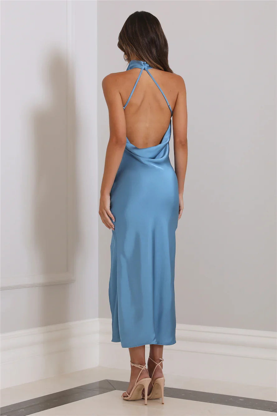 Lover Of Silky Satin Midi Dress Blue