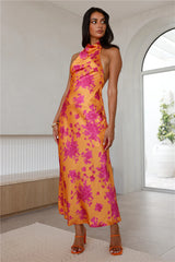 Love Signs Halter Satin Maxi Dress Orange