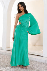 Style Wonderland Satin One Shoulder Maxi Dress Green