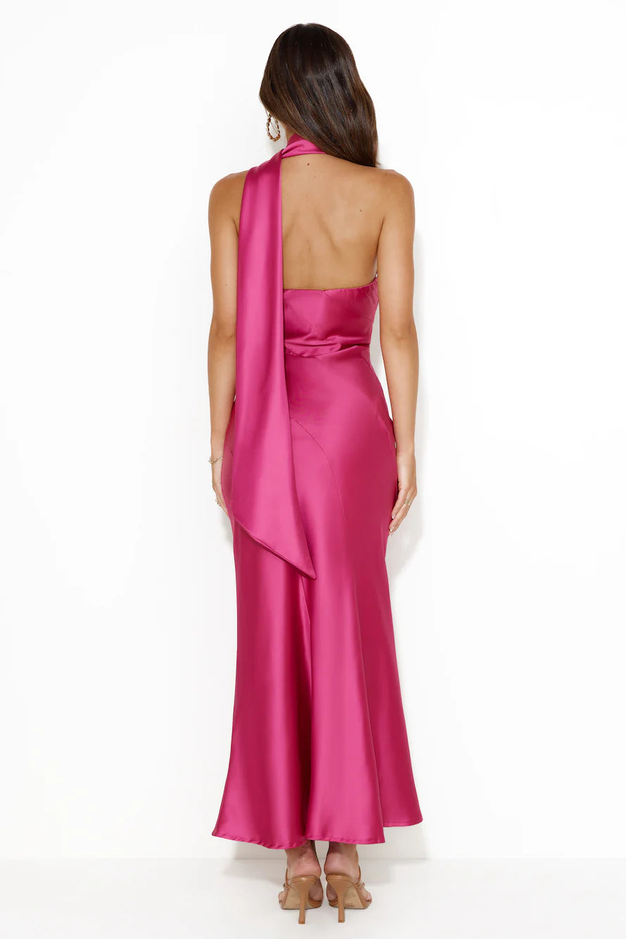 Glistening Star Satin Maxi Dress Hot Pink