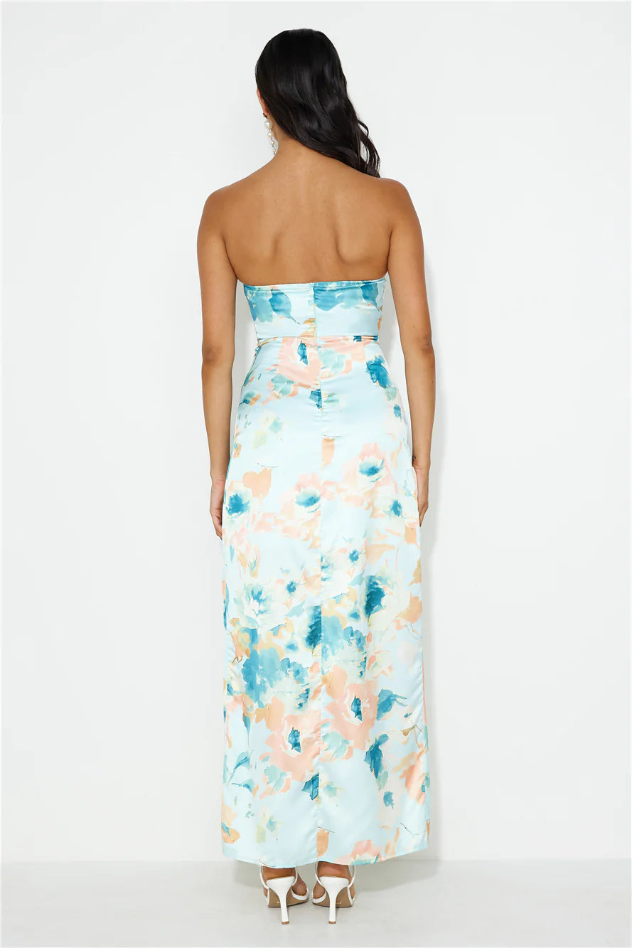 Blooming Feelings Satin Strapless Maxi Dress Blue