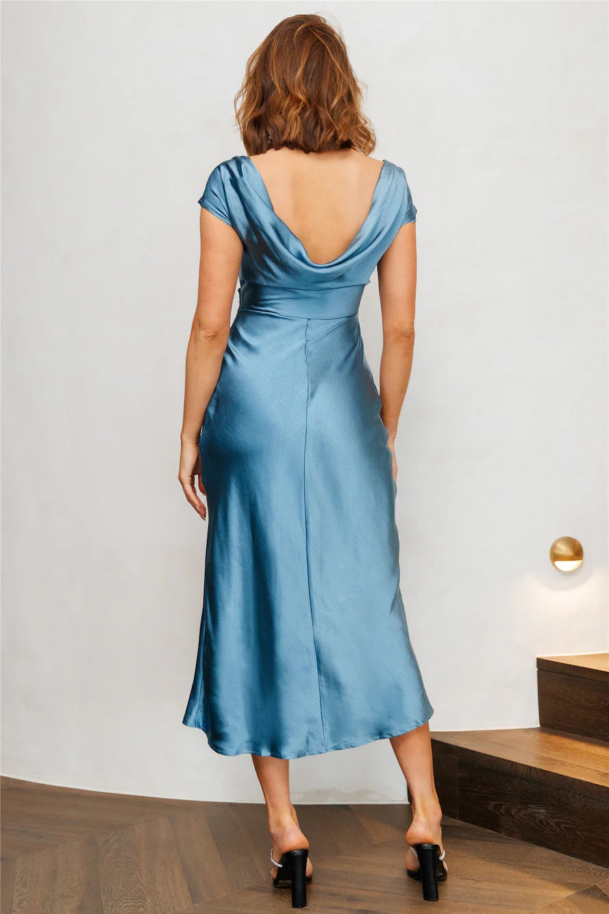 Faithful Nights Satin Midi Dress Midnight Blue