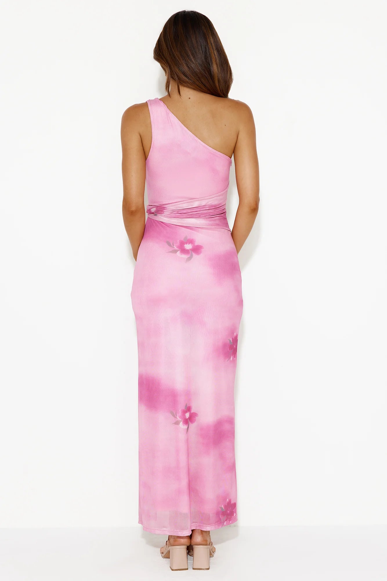 Party Destination One Shoulder Mesh Maxi Dress Pink