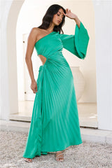 Style Wonderland Satin One Shoulder Maxi Dress Green