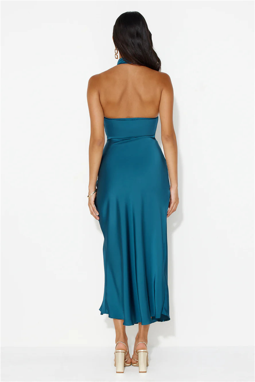 Talking Truth Halter Satin Maxi Dress Teal